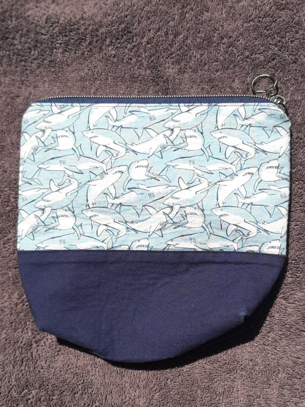 Make Up Bag Case Handmade Blue Sharks 7" x 8" x 2"